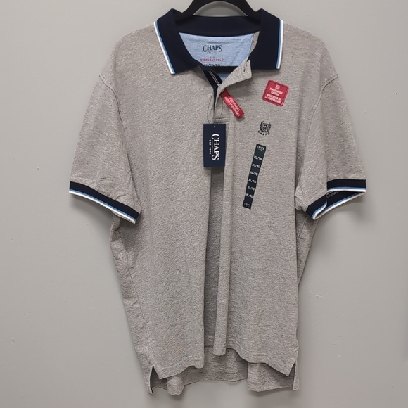 Chaps  Gray Polo Shirt with Navy Blue Collar and Striped Cuffs - Picture 1 of 5